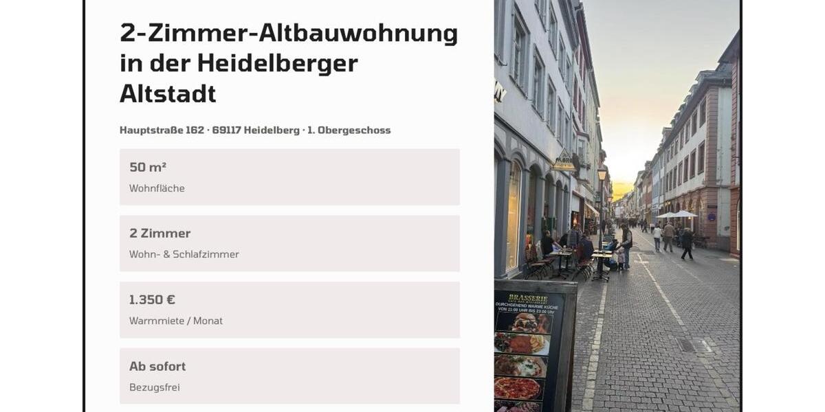 Etagenwohnung Heidelberg - 2 Zimmer, 50 m&sup2;, 1.200&euro; | Angebot:25948423