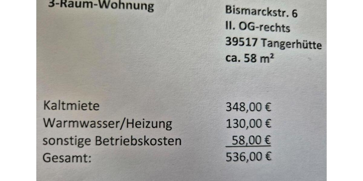 Etagenwohnung Tangerhütte - 3 Zimmer, 58 m&sup2;, 536&euro; | Angebot:26478482