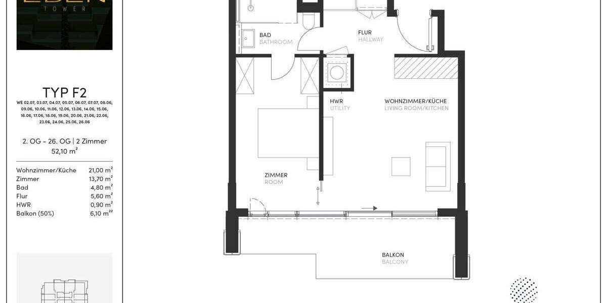 Etagenwohnung Frankfurt am Main Gallus - 2 Zimmer, 52 m&sup2;, 530.000&euro; | Angebot:25972527