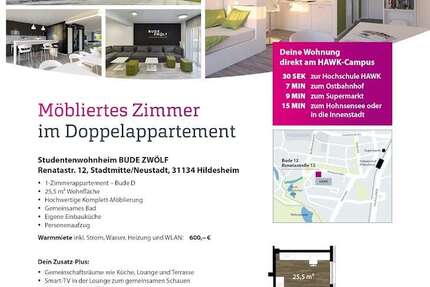 Wohnung Hildesheim - 1 Zimmer, 26 m&sup2;, 600&euro; | Angebot:24982929