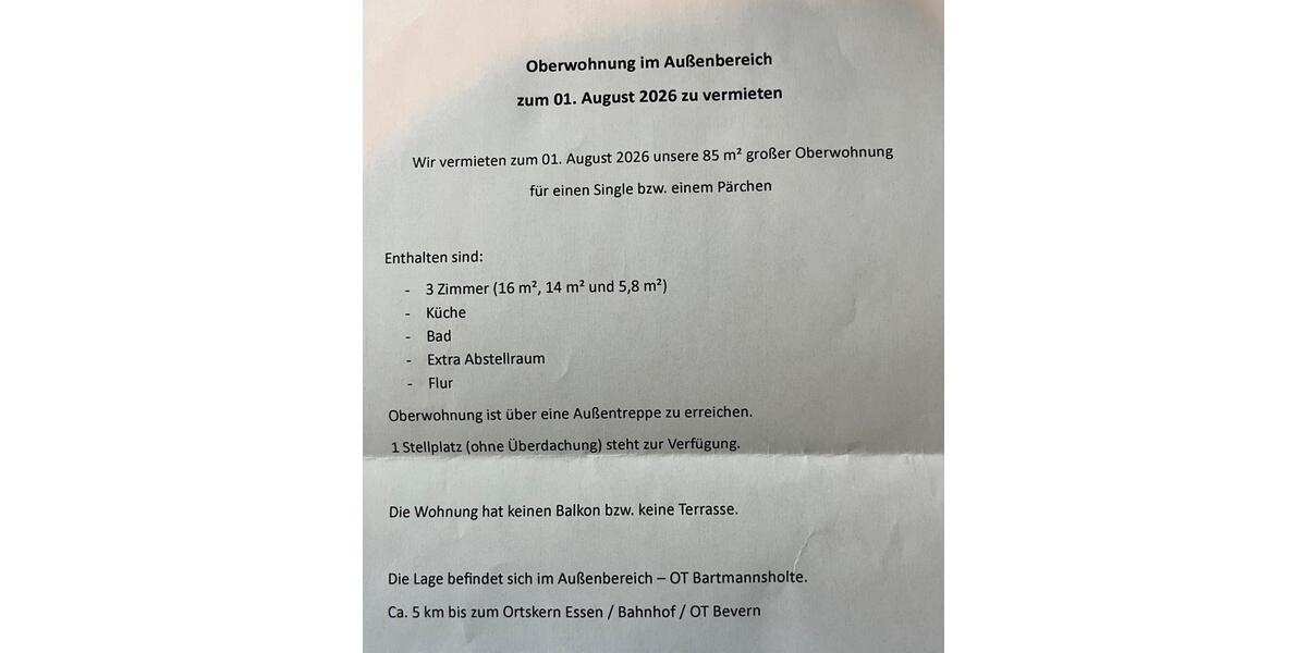 Etagenwohnung Essen (Oldenburg) - 3 Zimmer, 85 m&sup2;, 750&euro; | Angebot:26687735