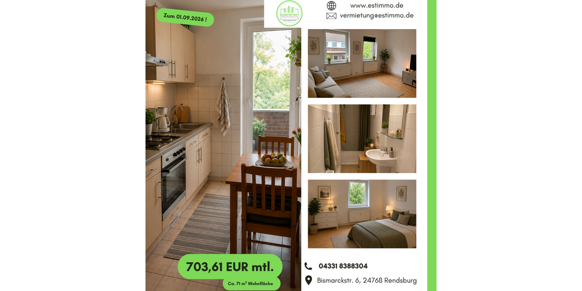 Etagenwohnung Rendsburg - 3 Zimmer, 71 m&sup2;, 704&euro; | Angebot:26876817