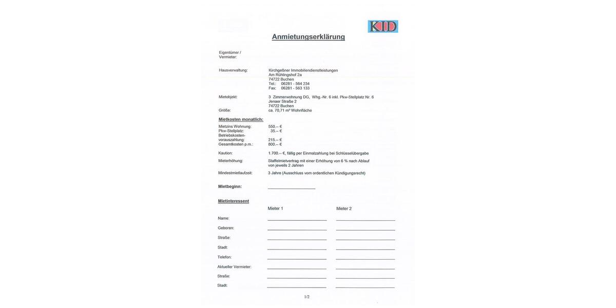 2 Zimmer Mietwohnung direkt in Buchen 2 zimmer