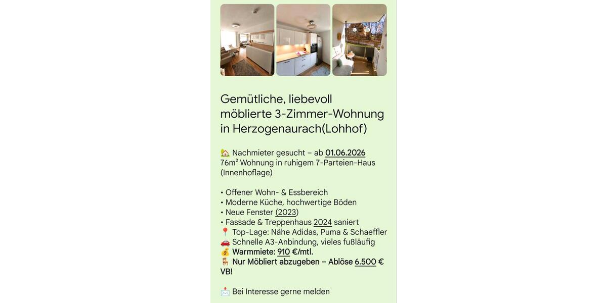 Erdgeschoßwohnung Herzogenaurach - 3 Zimmer, 76 m&sup2;, 720&euro; | Angebot:25379392