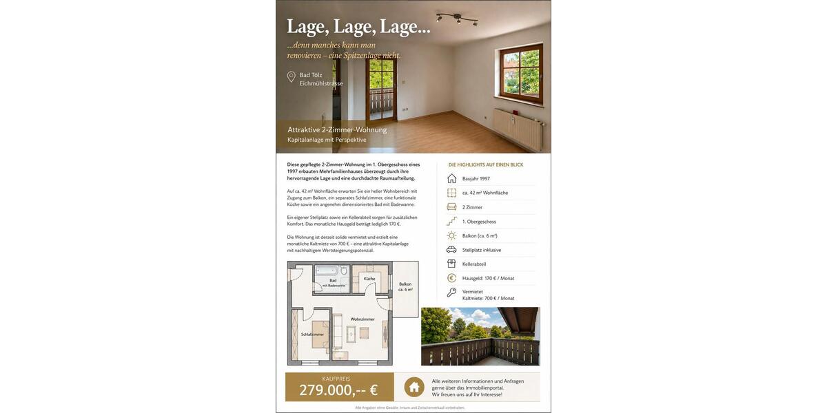 Etagenwohnung Bad Tölz - 2 Zimmer, 42 m&sup2;, 279.000&euro; | Angebot:27082880