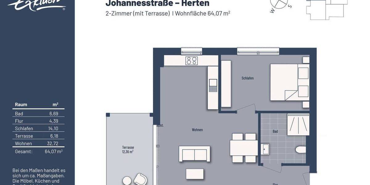 Etagenwohnung Herten Bertlich - 2 Zimmer, 64 m&sup2;, 259.000&euro; | Angebot:23959236