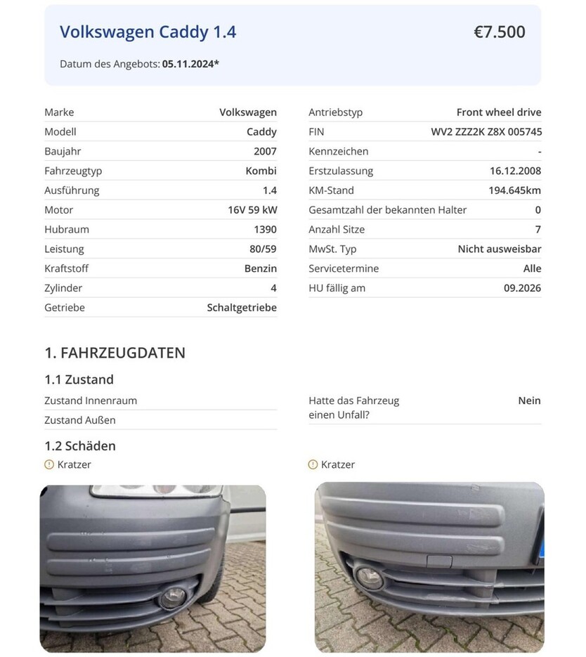 VW Caddy 194.645 km 7.500 € Rodgau 63110