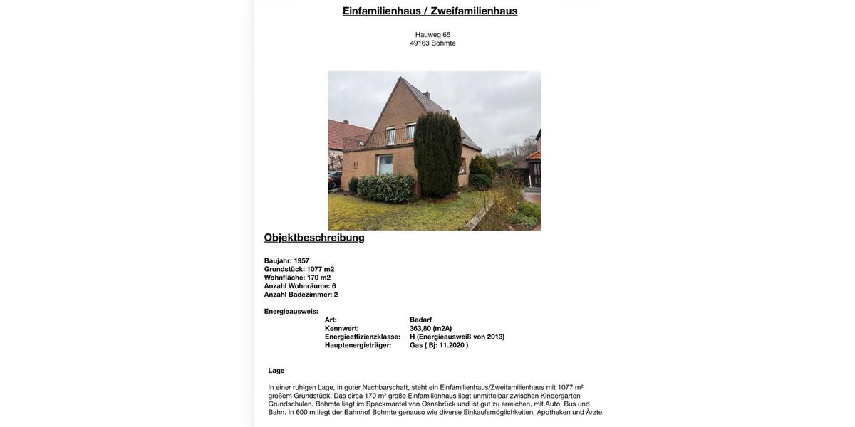 Einfamilienhaus Bohmte - 7 Zimmer, 170 m&sup2;, 350.000&euro; | Angebot:25404400