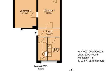 Wohnung Neubrandenburg Fünfeichen - 2 Zimmer, 50 m&sup2;, 347&euro; | Angebot:27355566
