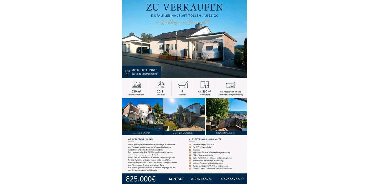 Einfamilienhaus Tuttlingen - 9 Zimmer, 260 m&sup2;, 825.000&euro; | Angebot:27093963