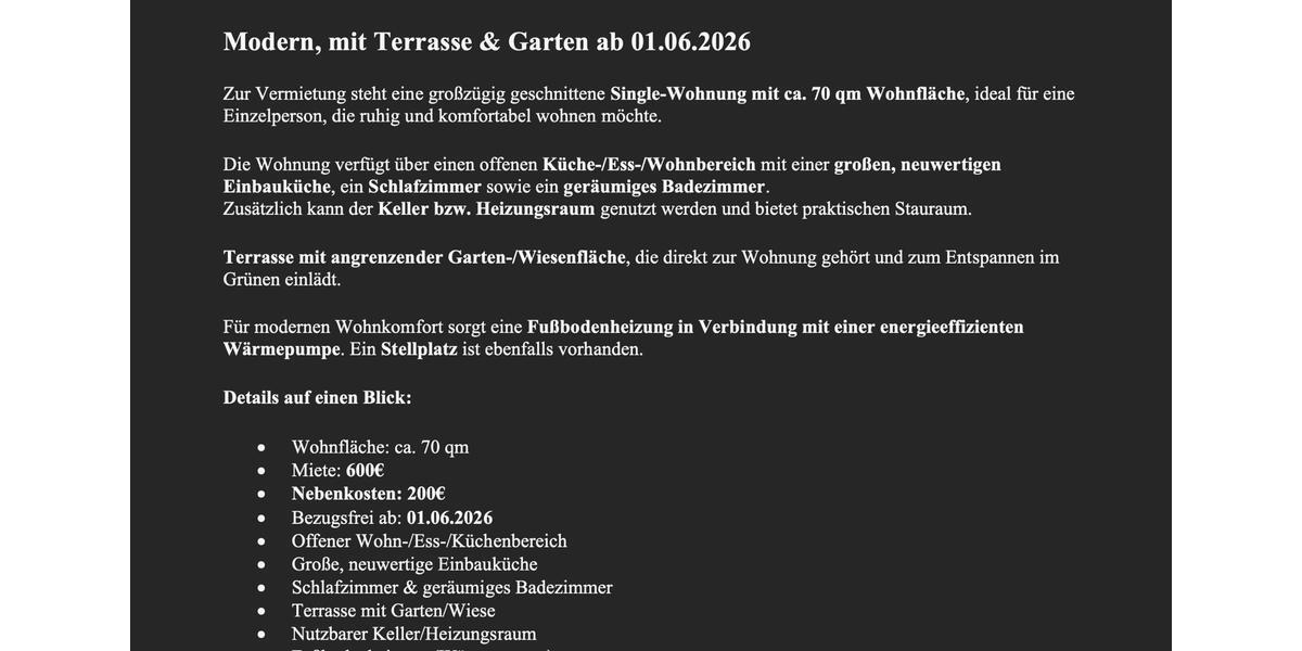 Erdgeschoßwohnung Bollendorf - 1 Zimmer, 70 m&sup2;, 600&euro; | Angebot:24921313