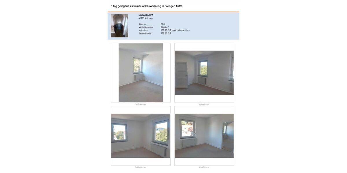 Etagenwohnung Solingen Mitte - 2 Zimmer, 64 m&sup2;, 600&euro; | Angebot:25047314