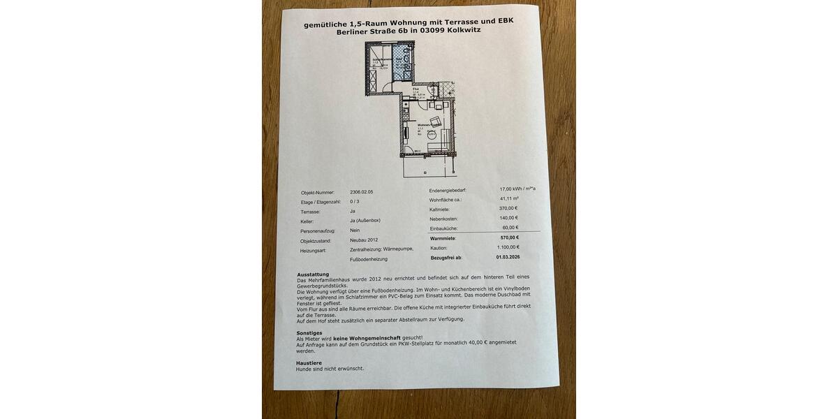 Gemütliche 1,5 Raumwohnung mit Terrasse und EBK in Kolkwitz 1 zimmer