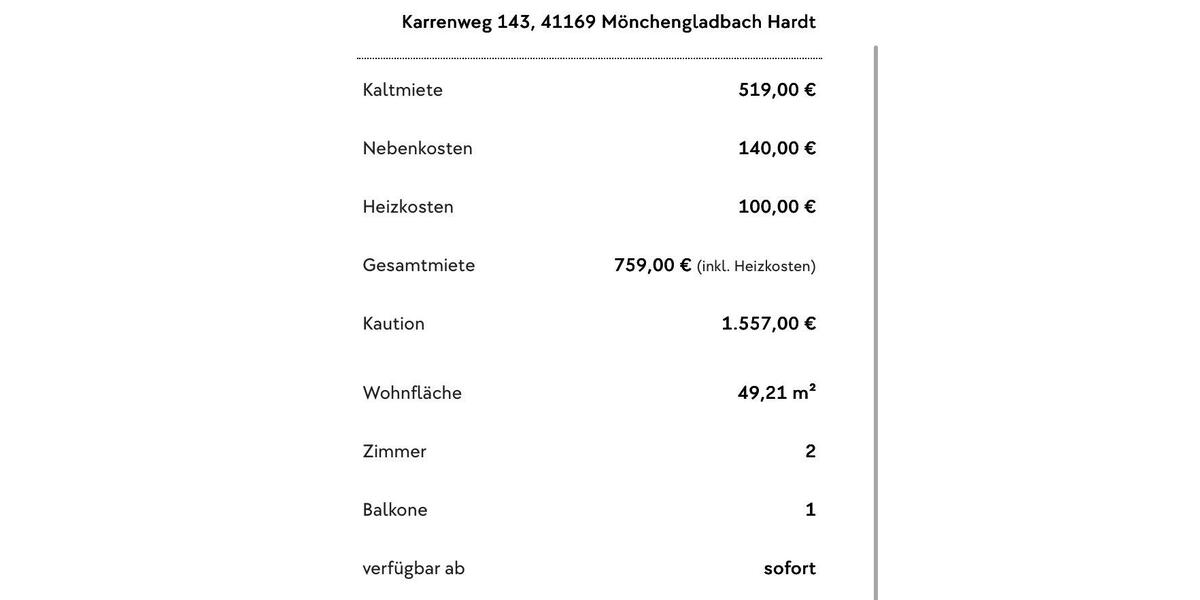 Erdgeschoßwohnung Mönchengladbach Nord - 2 Zimmer, 49 m&sup2;, 759&euro; | Angebot:25972381