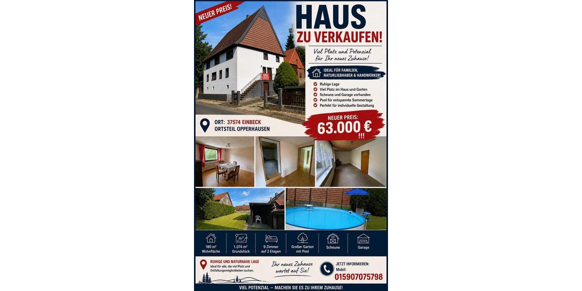 Einfamilienhaus Einbeck - 9 Zimmer, 180 m&sup2;, 63.000&euro; | Angebot:27121688