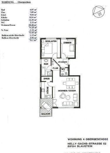 Etagenwohnung Blaustein Ehrenstein - 3 Zimmer, 76 m&sup2;, 939&euro; | Angebot:25316728