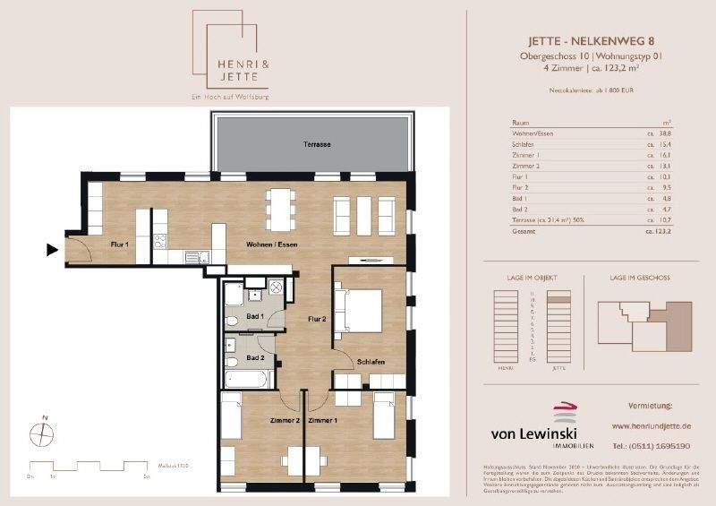 Etagenwohnung Wolfsburg Hellwinkel - 4 Zimmer, 122 m&sup2;, 1.817&euro; | Angebot:25355649