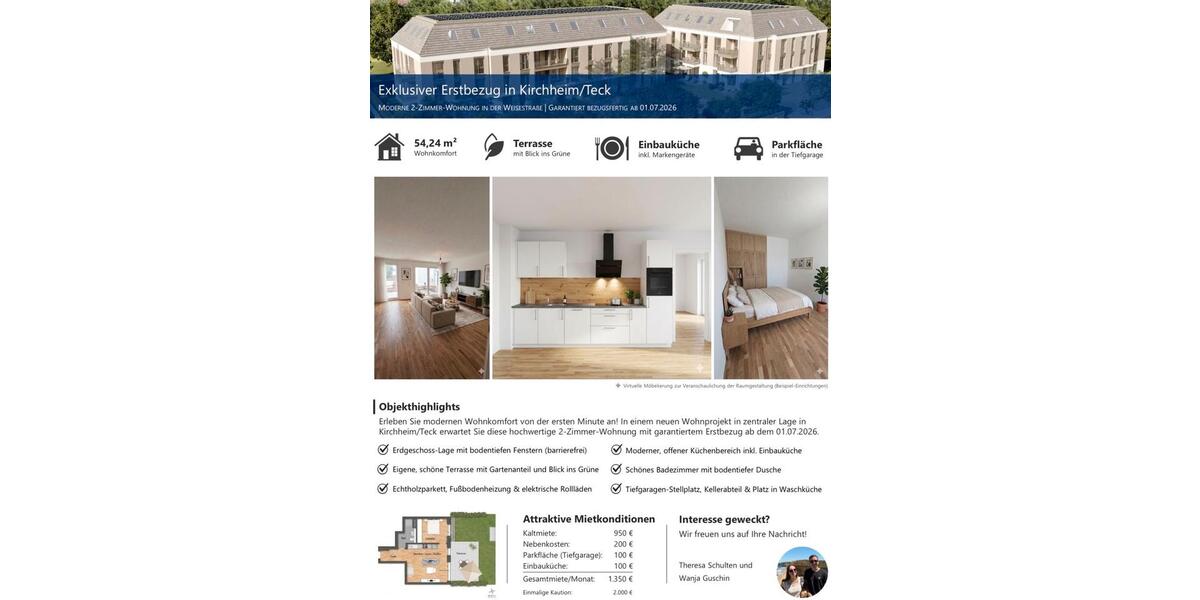 Erdgeschoßwohnung Kirchheim unter Teck - 2 Zimmer, 54 m&sup2;, 950&euro; | Angebot:26330019