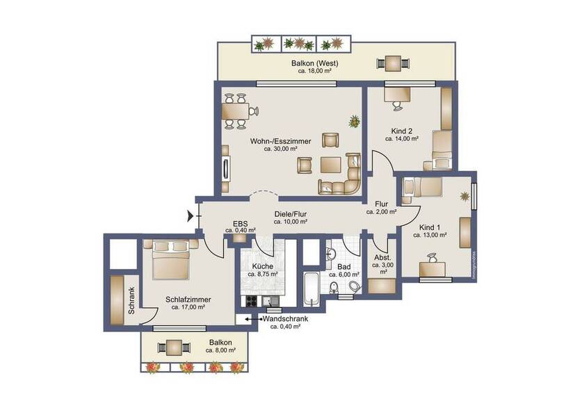 Großzügige und sehr gepflegte 4-Zimmer-Wohnung mit 2 Balkonen und Einbauküche.