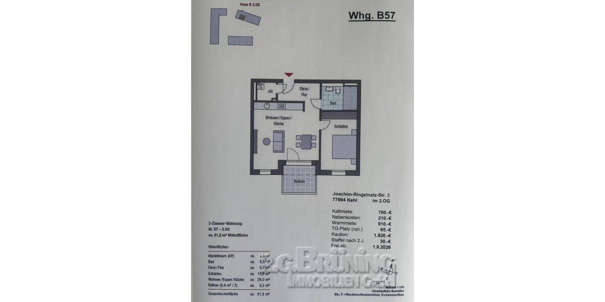 Etagenwohnung Kehl - 2 Zimmer, 61 m&sup2;, 700&euro; | Angebot:26787063