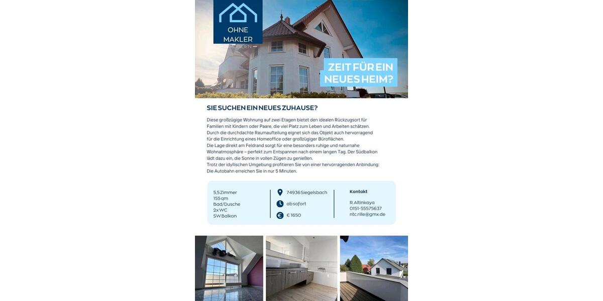 Maisonettenwohnung Siegelsbach - 6 Zimmer, 160 m&sup2;, 1.650&euro; | Angebot:26547338
