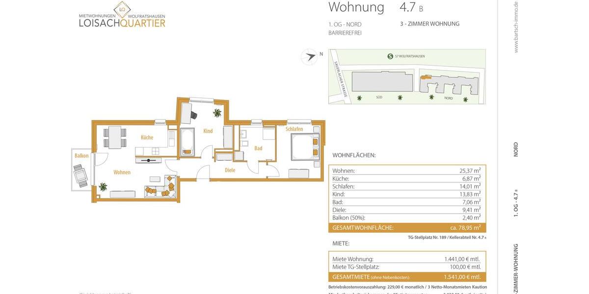 Etagenwohnung Wolfratshausen - 3 Zimmer, 79 m&sup2;, 1.441&euro; | Angebot:25870512