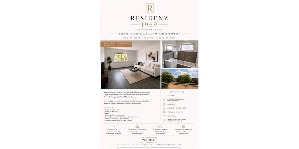 Etagenwohnung Kaiserslautern Bahnheim - 3 Zimmer, 80 m&sup2;, 245.000&euro; | Angebot:27085189