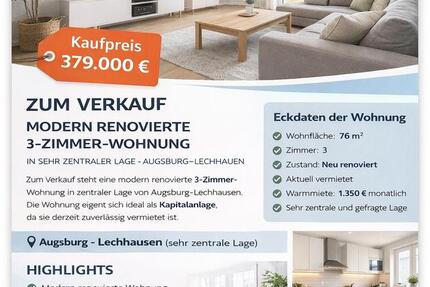 Wohnung Augsburg Firnhaberau - 3 Zimmer, 76 m&sup2;, 379.000&euro; | Angebot:25517884
