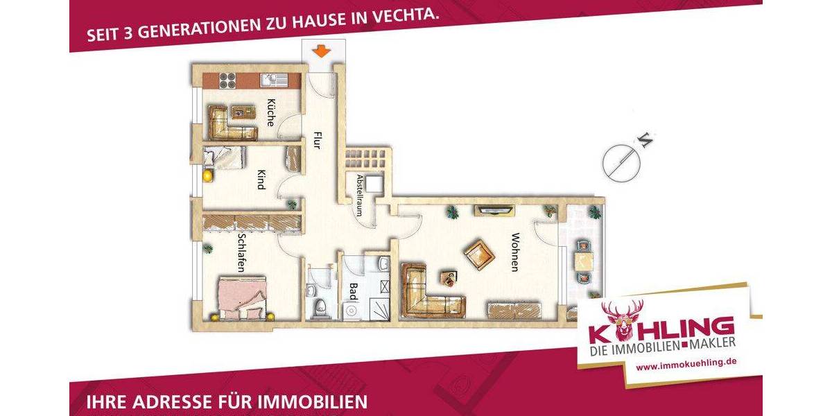Etagenwohnung Vechta - 3 Zimmer, 81 m&sup2;, 189.000&euro; | Angebot:26887170