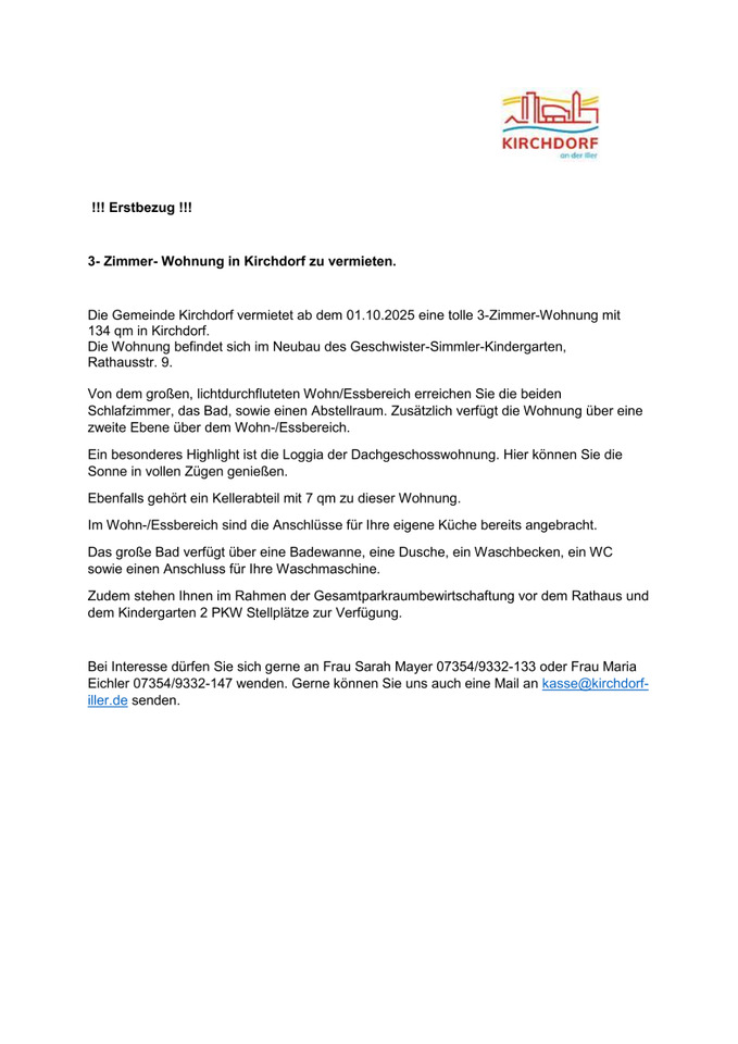 3-Zimmer Wohnung in Kirchdorf zu vermieten