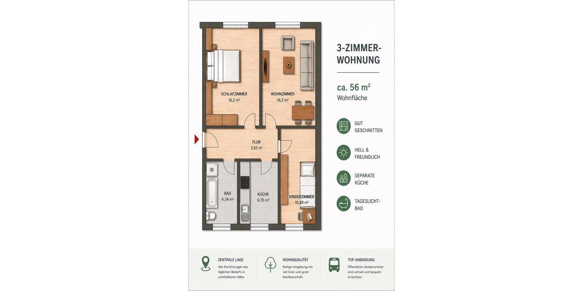 Etagenwohnung Bad Kleinen - 3 Zimmer, 56 m&sup2;, 430&euro; | Angebot:26313286