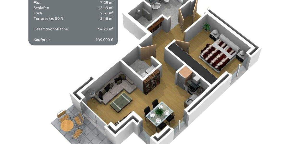 Etagenwohnung Werlte Wehm - 2 Zimmer, 54 m&sup2;, 199.000&euro; | Angebot:25674331