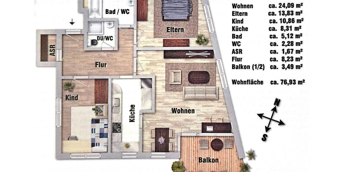 Etagenwohnung Waiblingen Bittenfeld - 3 Zimmer, 77 m&sup2;, 280.000&euro; | Angebot:26824434