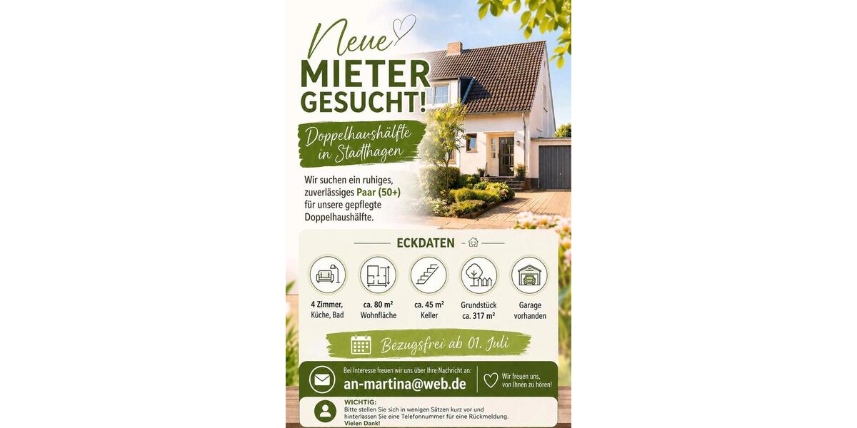 Doppelhaushälfte Stadthagen - 4 Zimmer, 80 m&sup2;, 600&euro; | Angebot:26340830