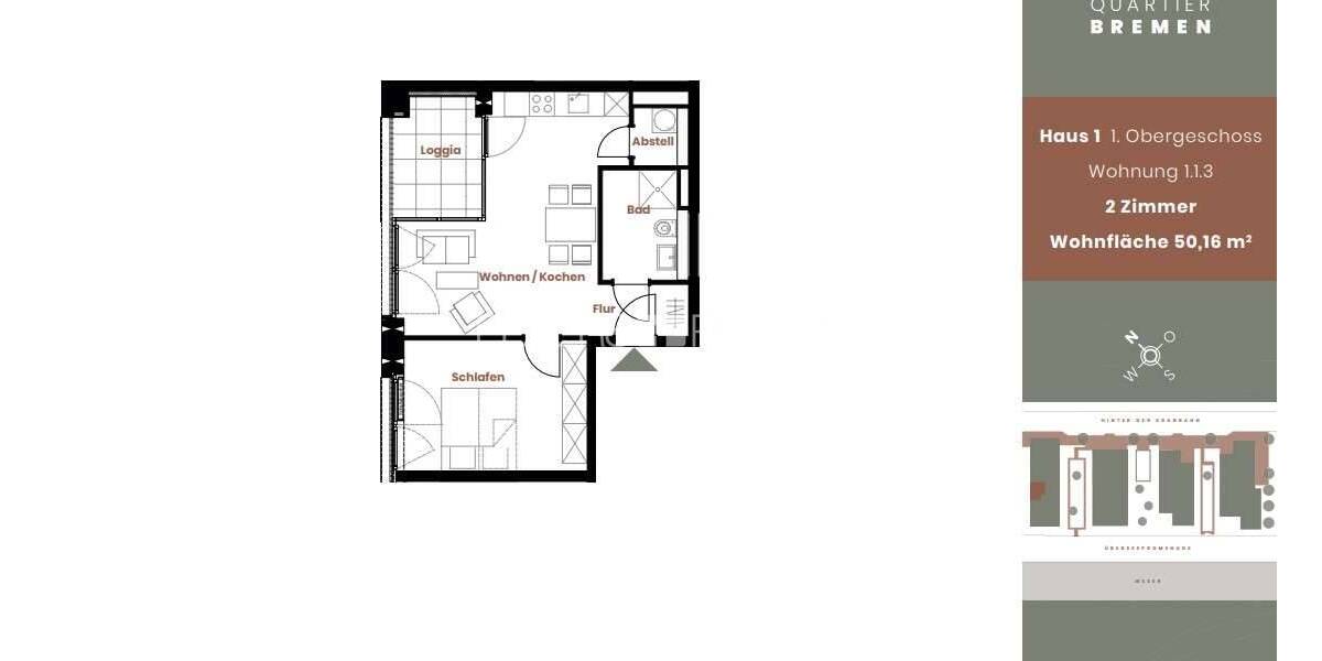 Etagenwohnung Bremen Handelshäfen - 2 Zimmer, 50 m&sup2;, 879&euro; | Angebot:26644109