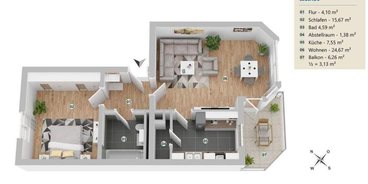 Etagenwohnung Unterhaching - 2 Zimmer, 61 m&sup2;, 1.015&euro; | Angebot:24847324