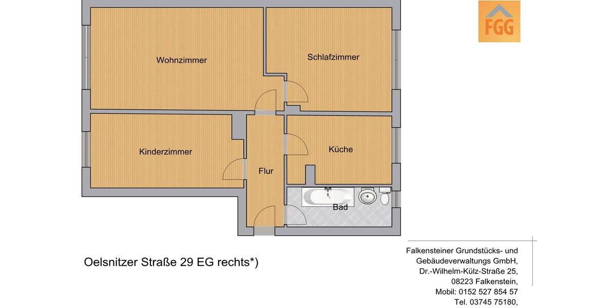 Erdgeschoßwohnung Falkenstein/Vogtland Vogtland - 3 Zimmer, 58 m&sup2;, 280&euro; | Angebot:26339270