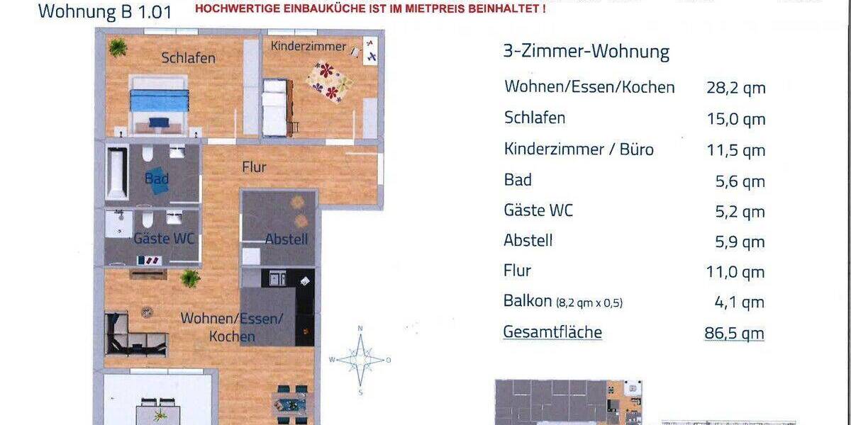 Etagenwohnung Kehl - 3 Zimmer, 86 m&sup2;, 990&euro; | Angebot:26798321