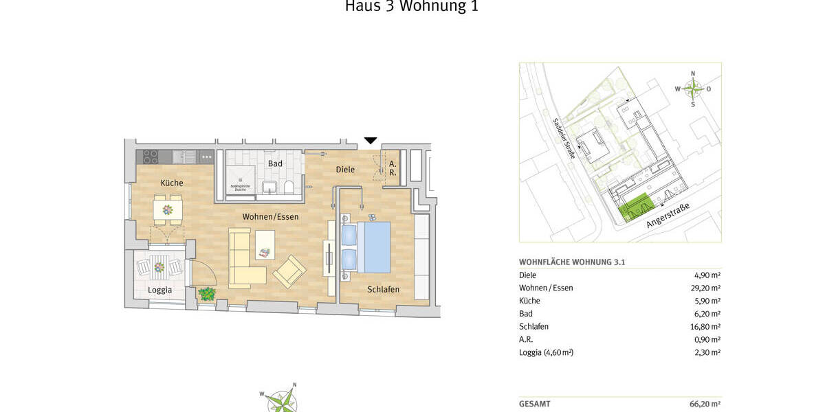 Etagenwohnung Düsseldorf Urdenbach - 2 Zimmer, 66 m&sup2;, 479.950&euro; | Angebot:26189468