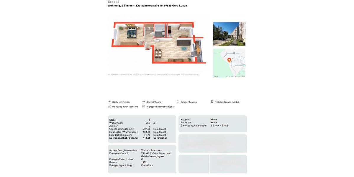 Dachgeschoßwohnung Gera Lusan - 2 Zimmer, 55 m&sup2;, 238&euro; | Angebot:25383259