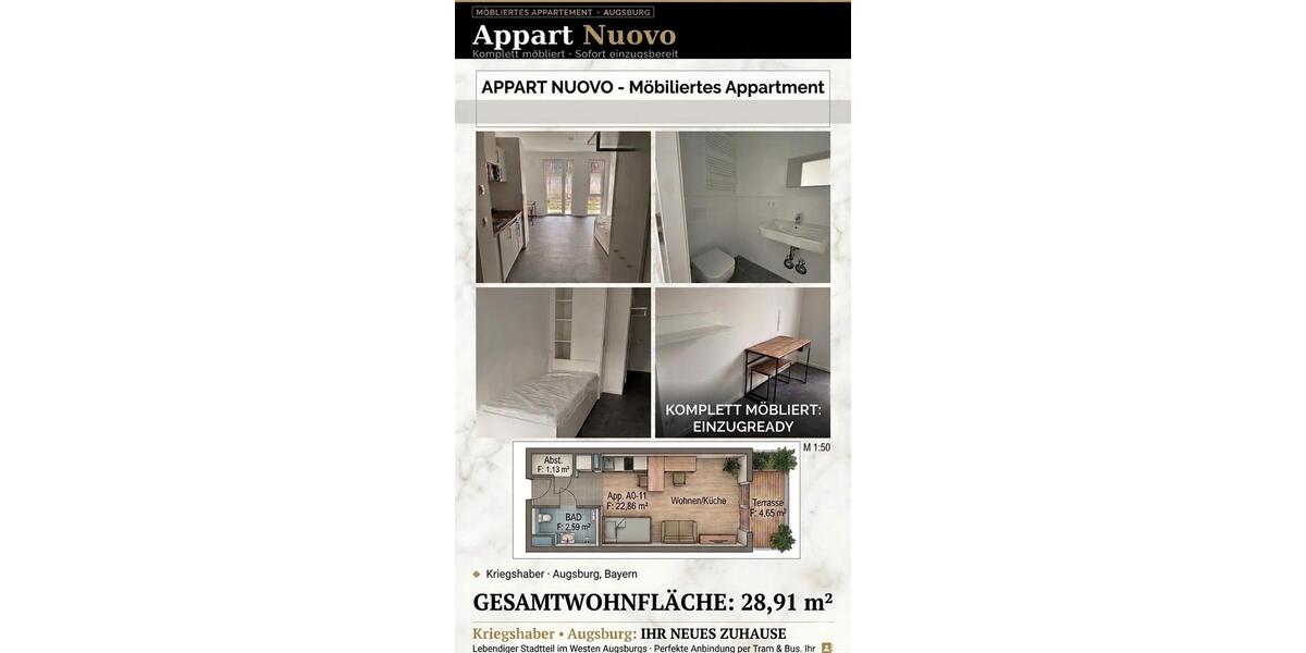 Erdgeschoßwohnung Augsburg Bärenkeller - 1 Zimmer, 29 m&sup2;, 700&euro; | Angebot:26321379