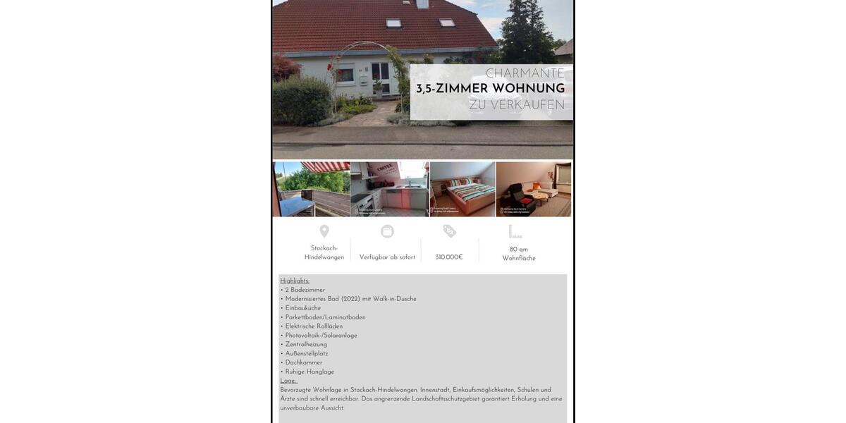 Dachgeschoßwohnung Stockach - 3.5 Zimmer, 80 m&sup2;, 300.000&euro; | Angebot:26987307