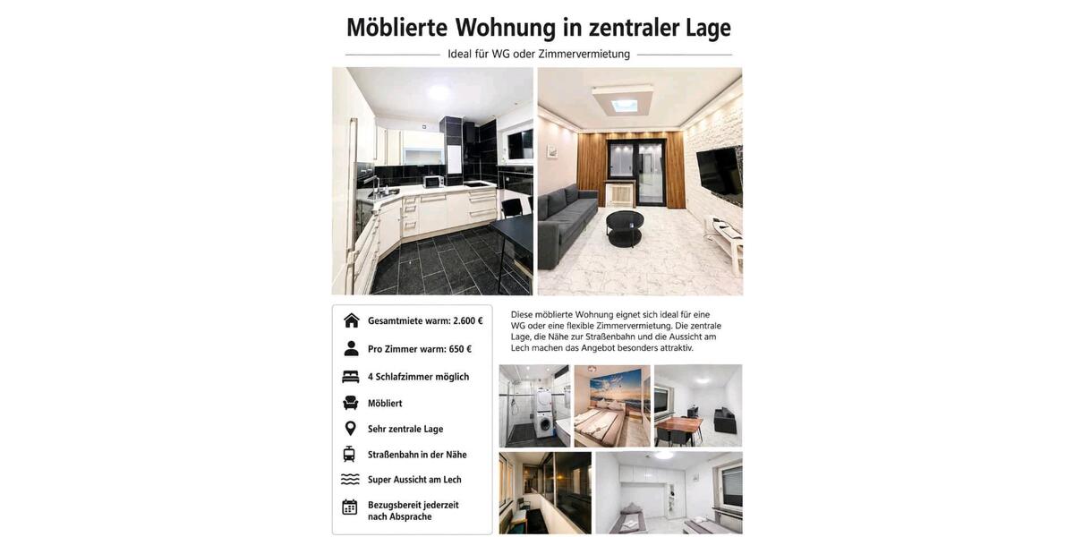 Etagenwohnung Augsburg Lechhausen - 4 Zimmer, 130 m&sup2;, 2.600&euro; | Angebot:26672358