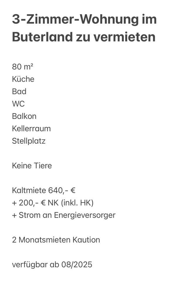 3-Zimmer Wohnung im Buterland zum 01.08.2025 zu vermieten