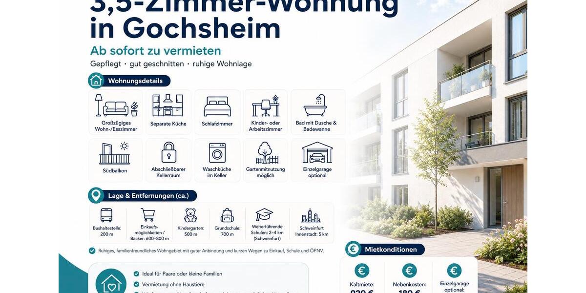 Erdgeschoßwohnung Gochsheim - 3.5 Zimmer, 88 m&sup2;, 1.100&euro; | Angebot:26671329