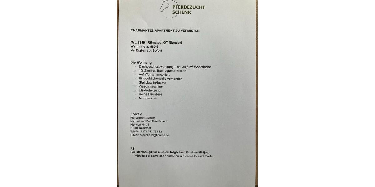 Dachgeschoßwohnung Römstedt - 1 Zimmer, 39 m&sup2;, 580&euro; | Angebot:25406387