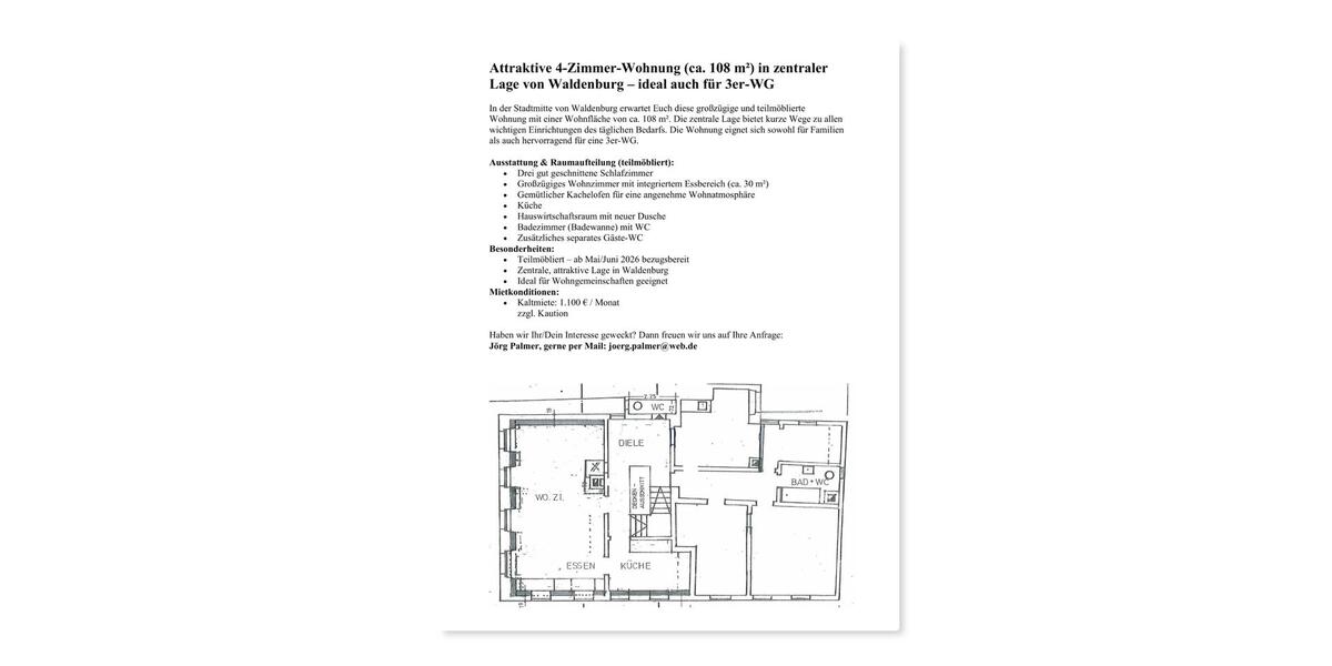 Etagenwohnung Waldenburg - 4 Zimmer, 108 m&sup2;, 1.100&euro; | Angebot:26238383