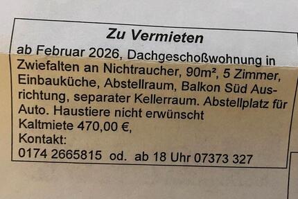 Zwiefalten Dachgeschosswohnung ab Februar 5 zimmer