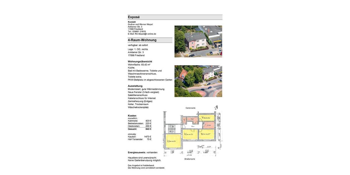 Etagenwohnung Friedland - 4 Zimmer, 83 m&sup2;, 420&euro; | Angebot:22509926
