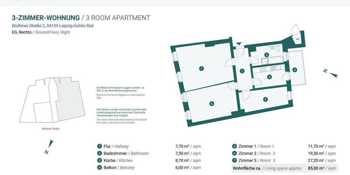 Etagenwohnung Leipzig Gohlis-Süd - 3 Zimmer, 85 m&sup2;, 299.000&euro; | Angebot:26837173